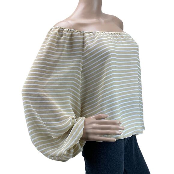Vince Camuto Women Tan White Stripes Off The Shoulder Puff Sleeves Top Size M - Picture 3 of 5